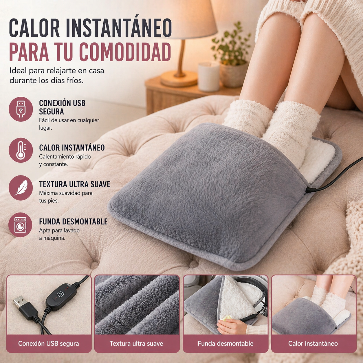 Pies calientes en segundos: Calentador USB Gris Ultra Suave