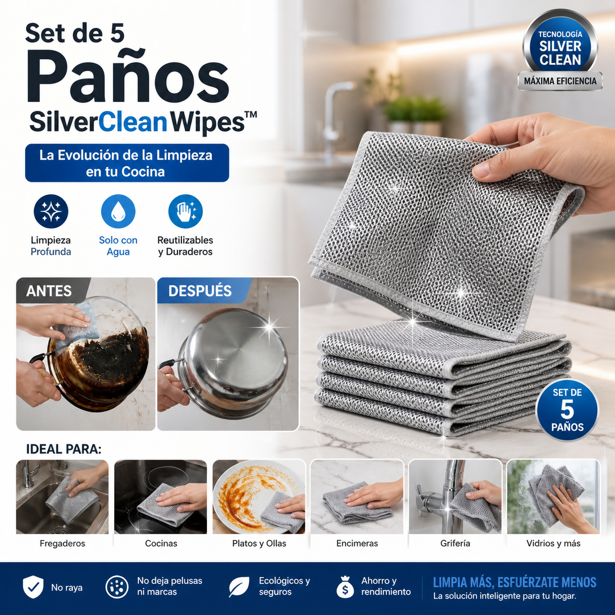 Set de 5 Paños SilverClean Wipes™: La Evolución de la Limpieza en tu Cocina