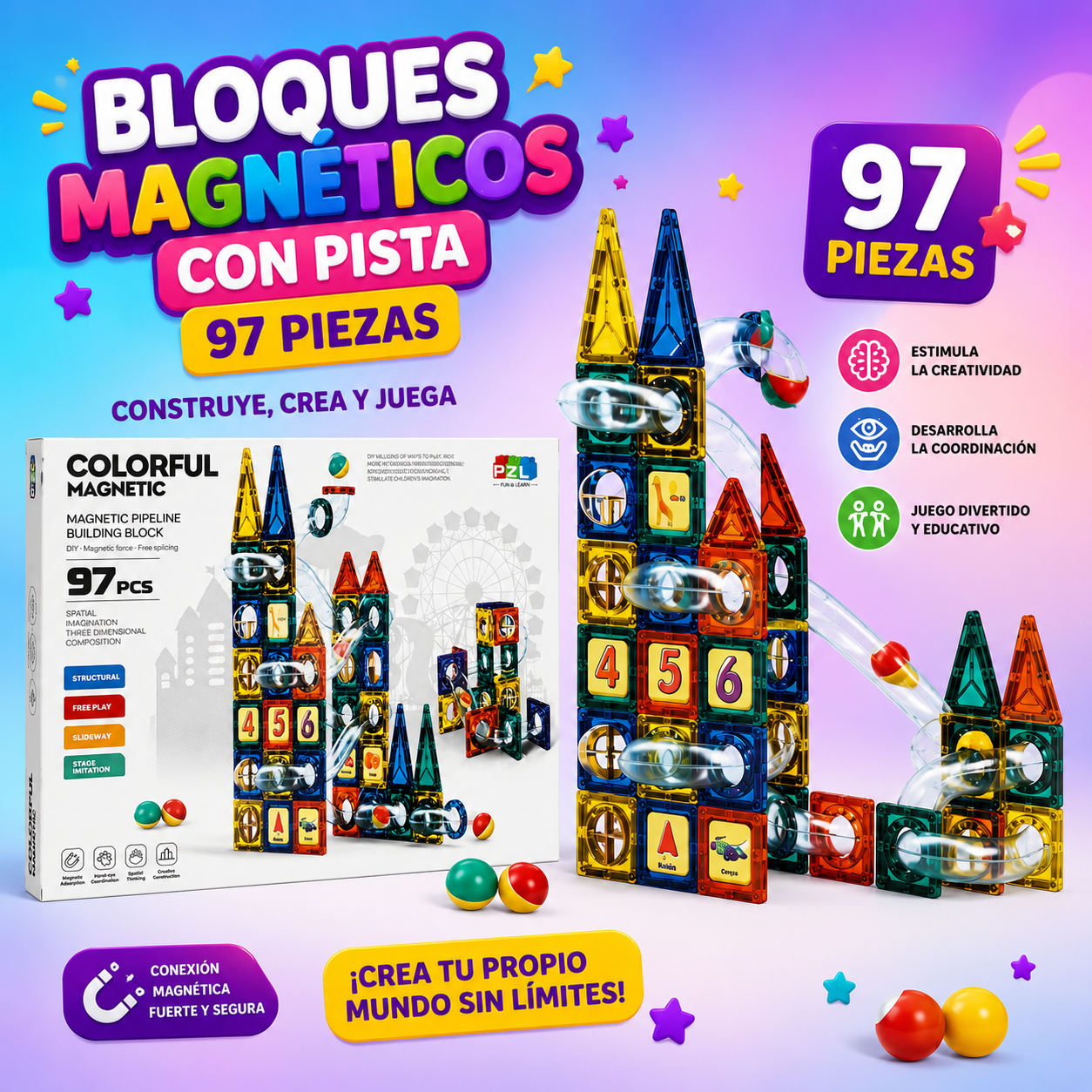 Bloques Magnéticos con Pista – 97 Piezas
