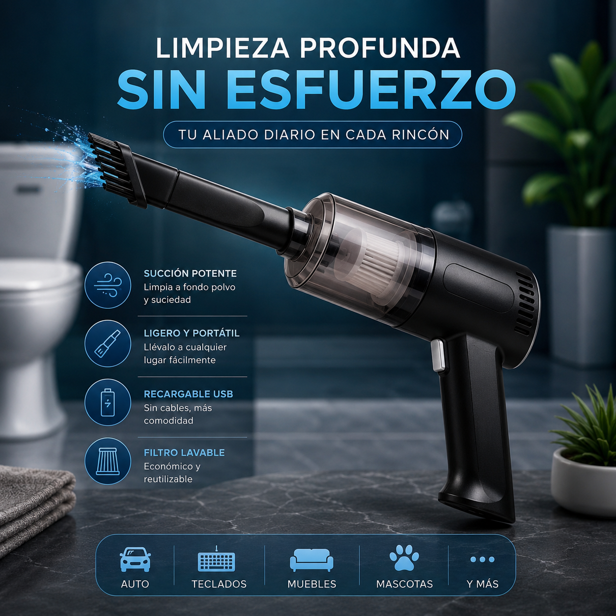 Aspiradora Inalámbrica para Auto y Hogar | 4500PA de Potencia